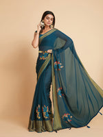 Thumbnail for Sangria Green & Gold-Toned Embellished Pure Chiffon Saree - Distacart