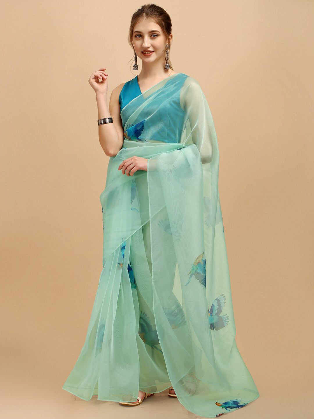Sangria Sea Green & Blue Organza Saree - Distacart