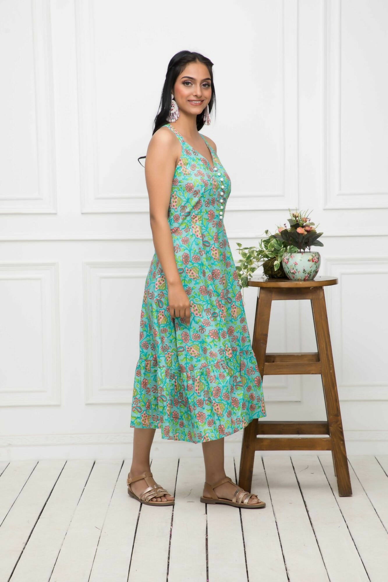 Myshka Women Green Floral Cotton A-Line Round Neck Long Dress - Distacart