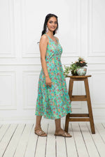 Thumbnail for Myshka Women Green Floral Cotton A-Line Round Neck Long Dress - Distacart