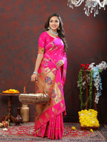 Thumbnail for Lorenvalley Fashion Magenta Soft Paithani Silk Woven Design Gold Zari Meenakari Weaving Saree - Distacart