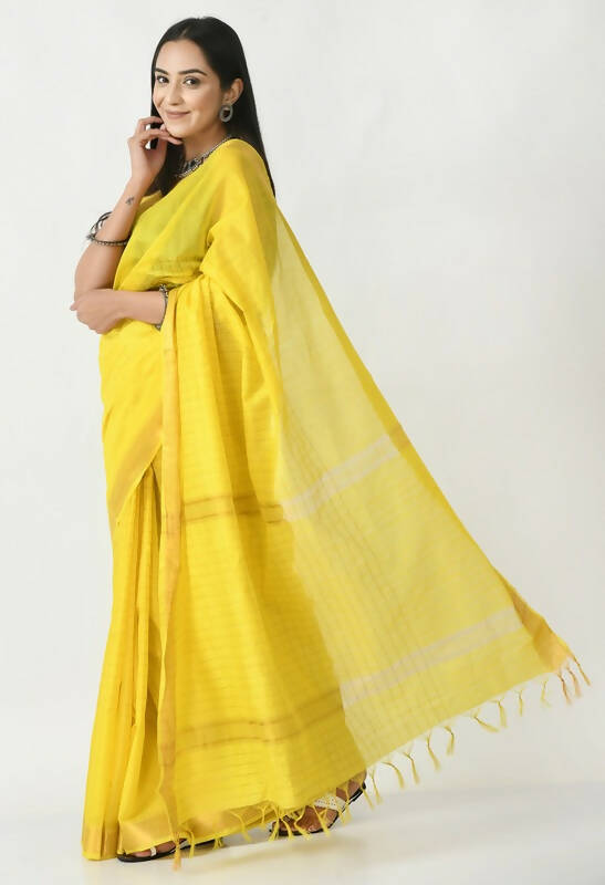 Mominos Fashion Moeza Yellow Bhagalpuri Handloom Silk Raj Shree Saree with unstitched Blouse piece - Distacart