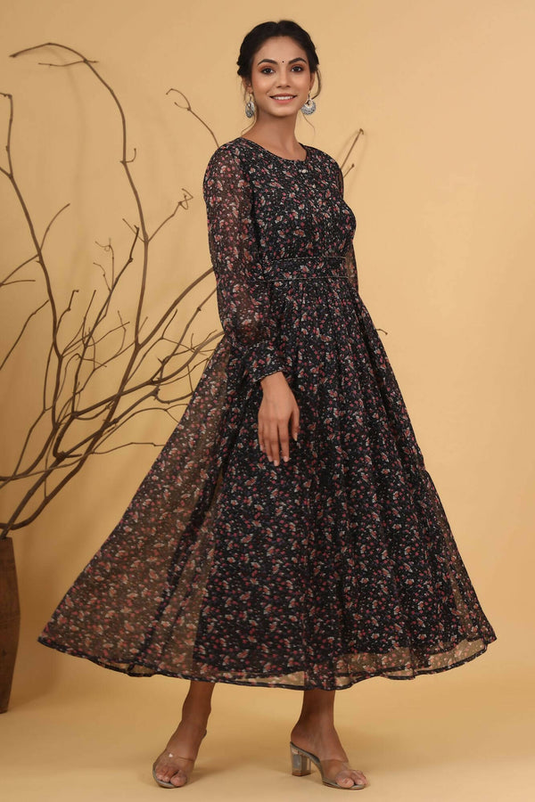 Juniper Women Navy Chiffon Printed Flared Dress - Distacart