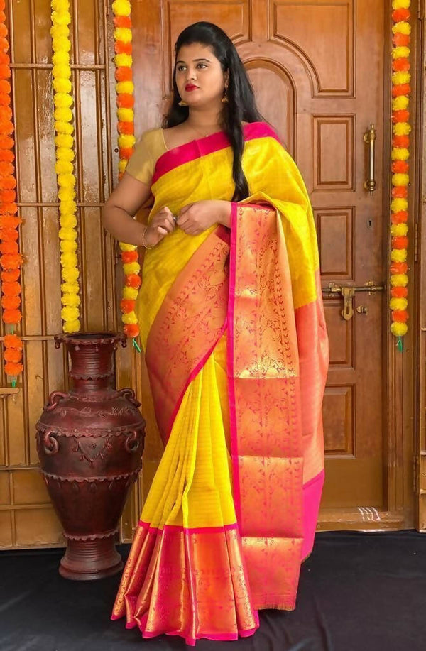 DEIANA'S Beautiful Golden Jari with New Design Soft Lichi Silk Saree - Yellow - Distacart
