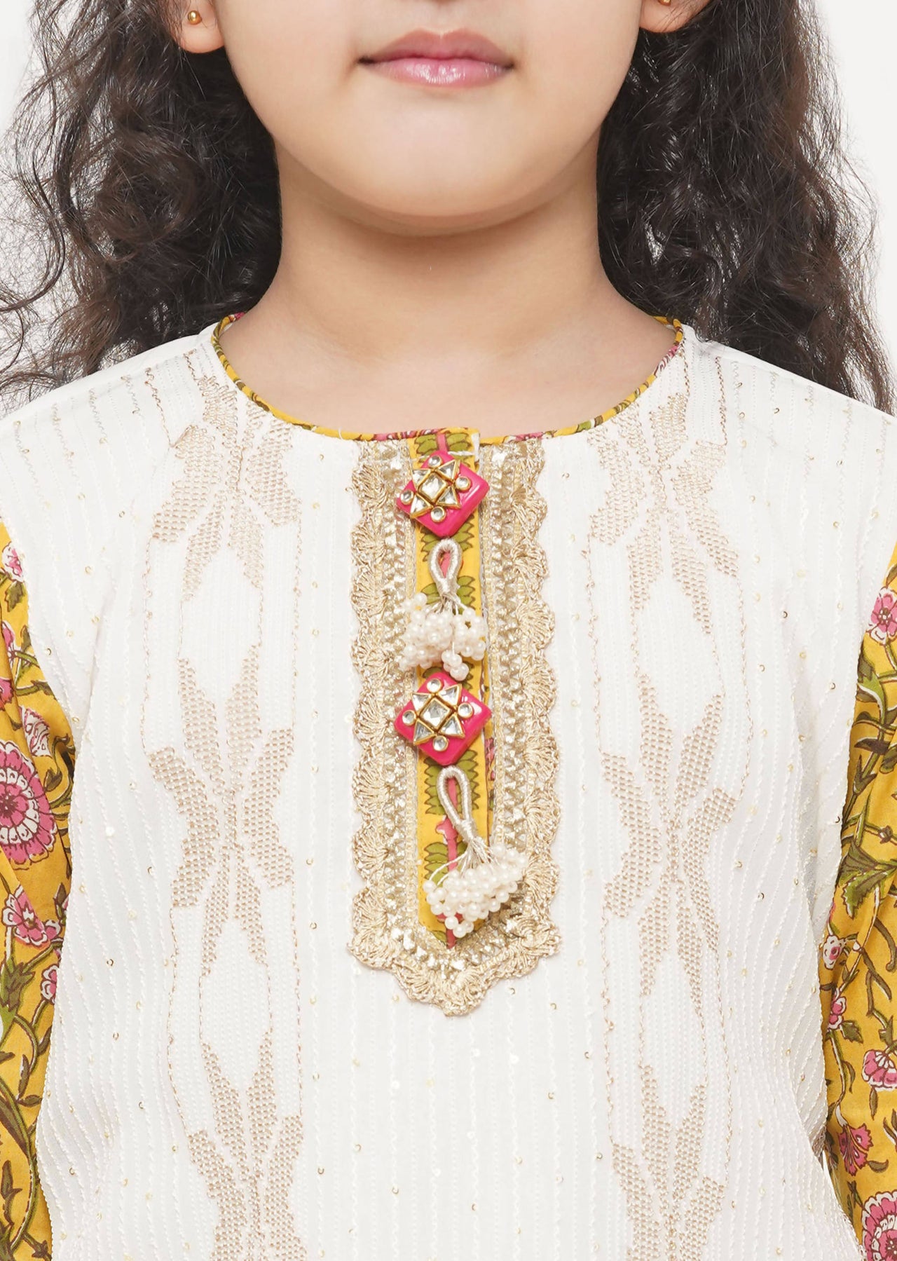 Little Bansi Cotton Embroidery Kurta with floral sharara with Dupatta - White & Yellow - Distacart