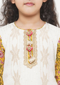 Thumbnail for Little Bansi Cotton Embroidery Kurta with floral sharara with Dupatta - White & Yellow - Distacart