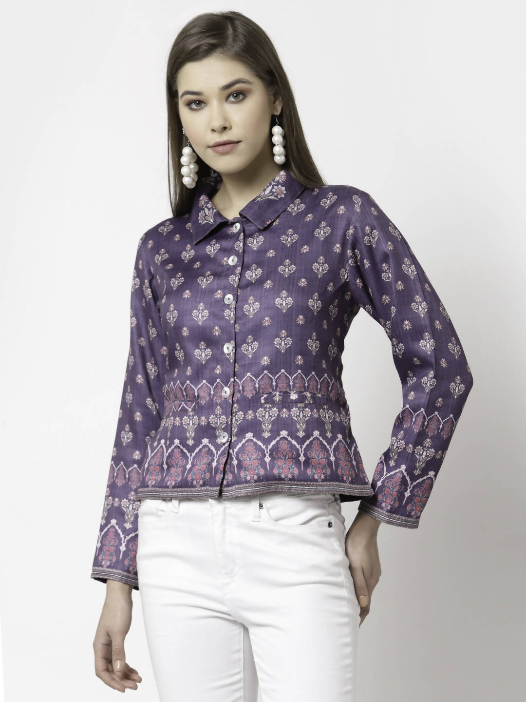 Myshka Women Purple Cotton Blend Printed Full Sleeve Shirt Collar Casual Jacket