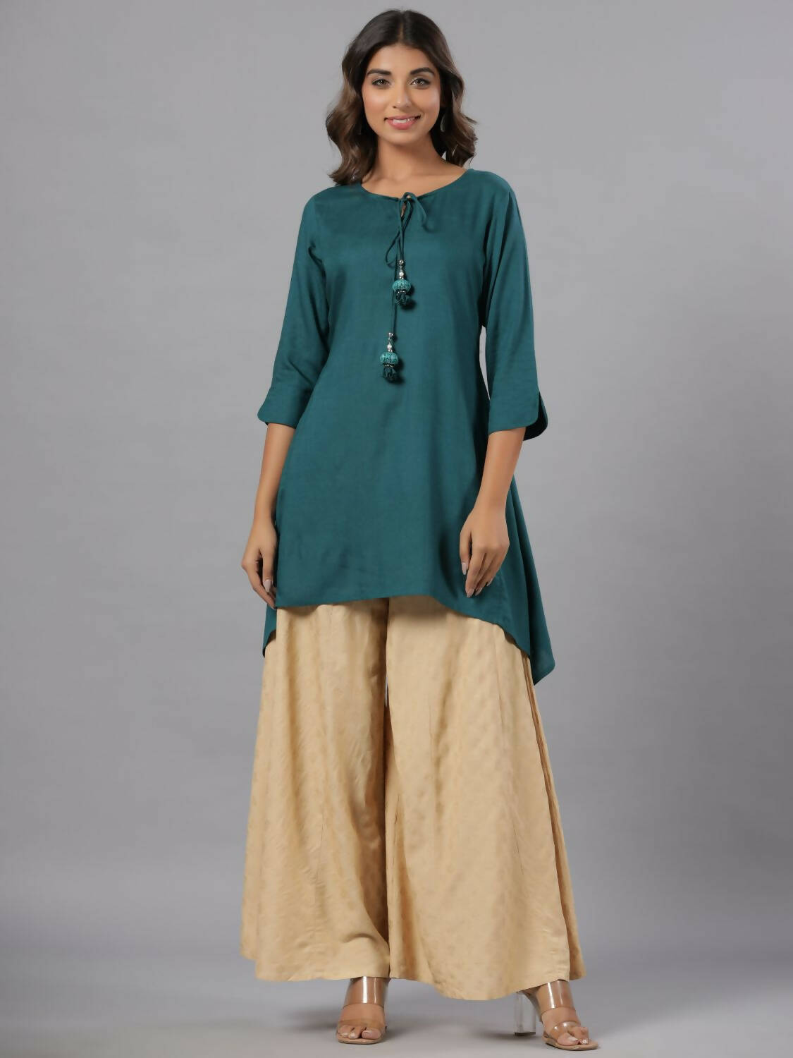 Juniper Women Teal Rayon Solid Asymmetric Kurta - Distacart