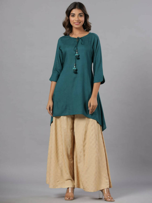 Juniper Women Teal Rayon Solid Asymmetric Kurta - Distacart