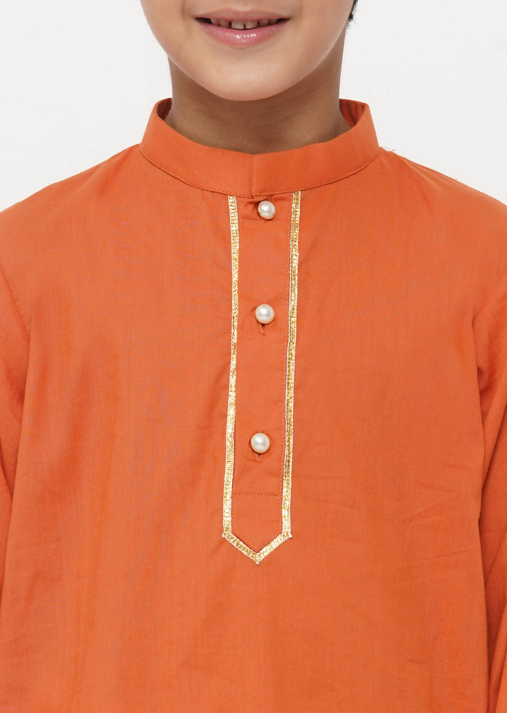 Little Bansi Cotton Kesari Kurta with Pearl Buttons and Pyjama -Orange and Cream - Distacart