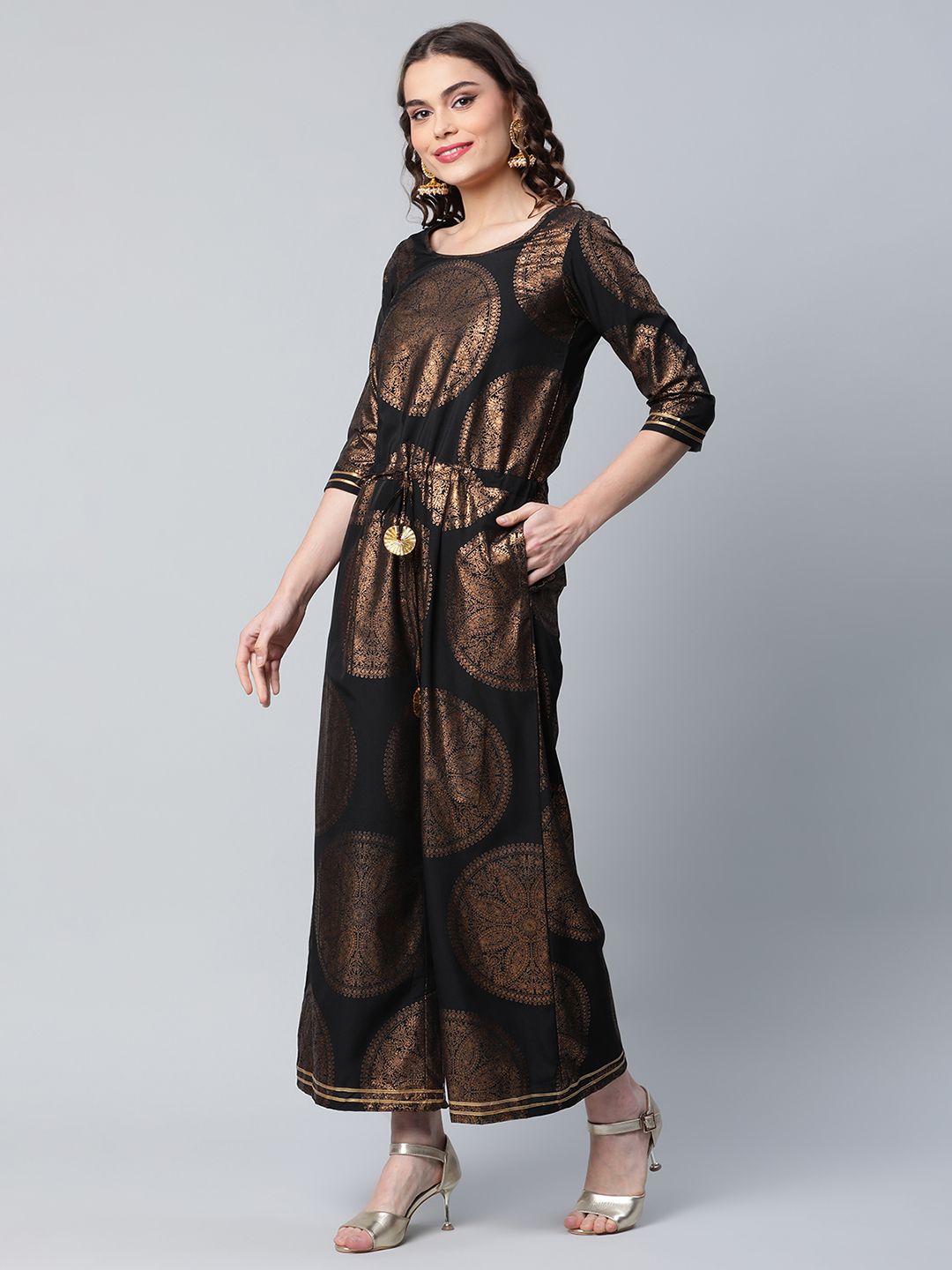 Ahalyaa Womens Black Crepe Copper Foil Printed Jumpsuit