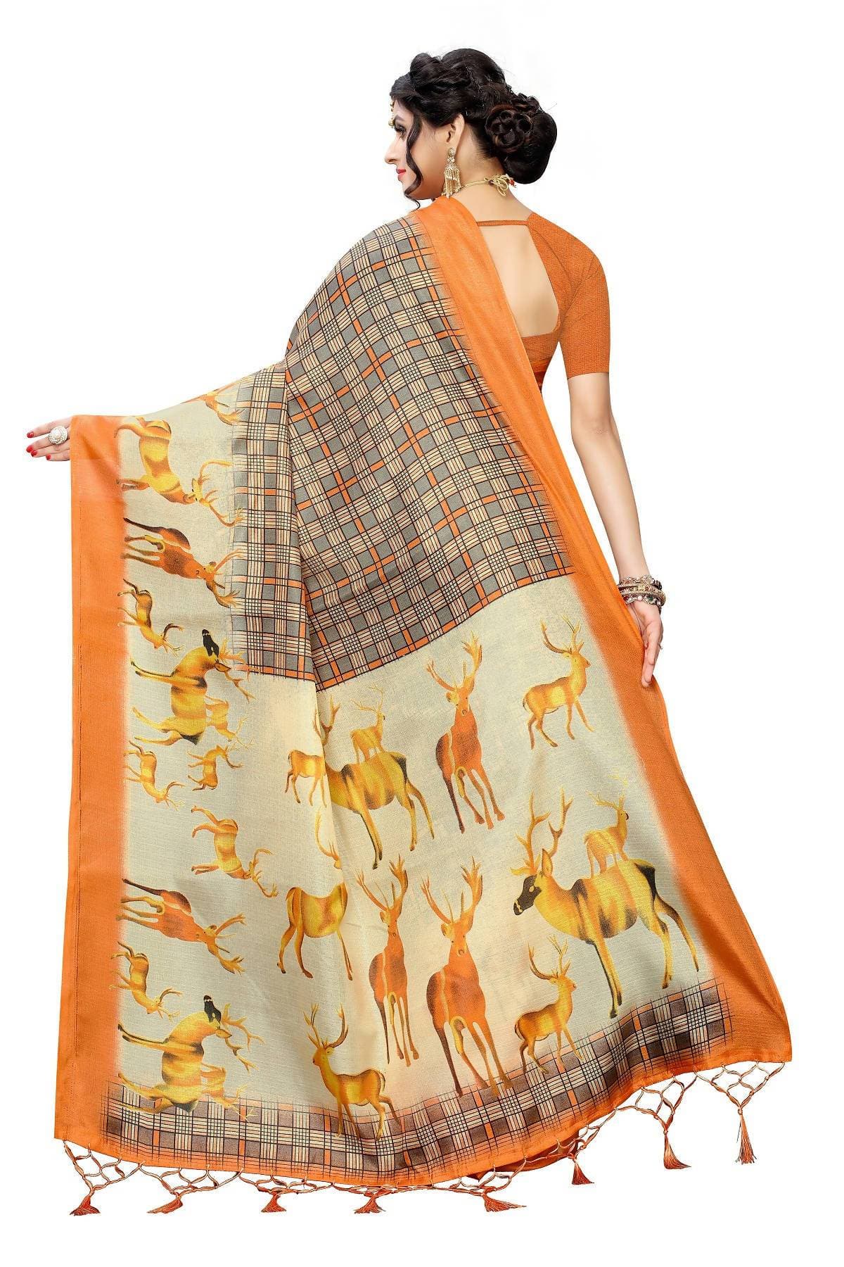 Vamika Multicolor Orange Kalamkari With Jhalar Khadi Silk Saree