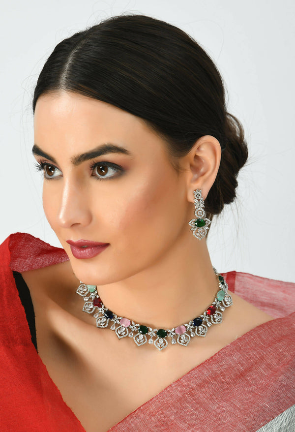Mominos Fashion Johar Kamal Silver-Plated American Diamond Multi Colour Choker Set - Distacart