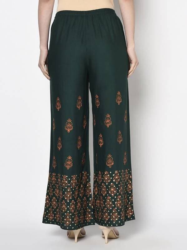 Aniyah Rayon Bottle Green Color Block Print Flared Slip-On Palazzo (AN-219K)