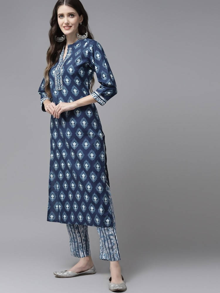 Yufta Women Blue & White Printed Pure Cotton Kurta with Trouser & Dupatta