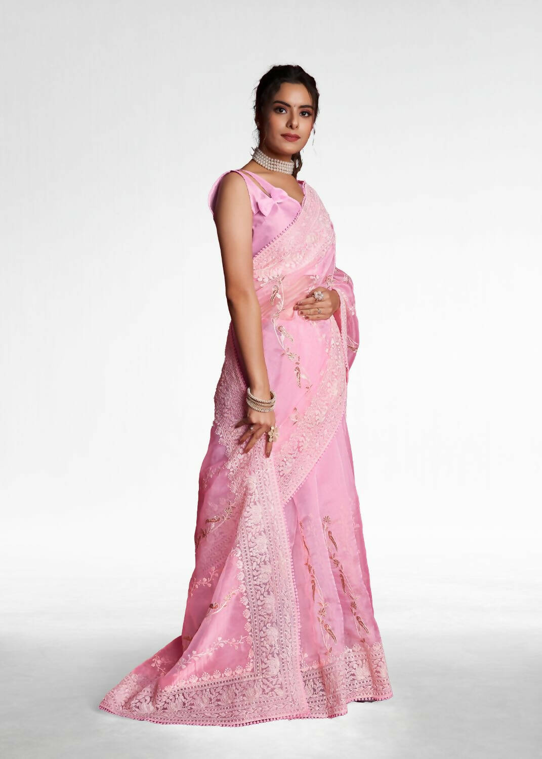 Vamsee Pink Organza Saree - Distacart