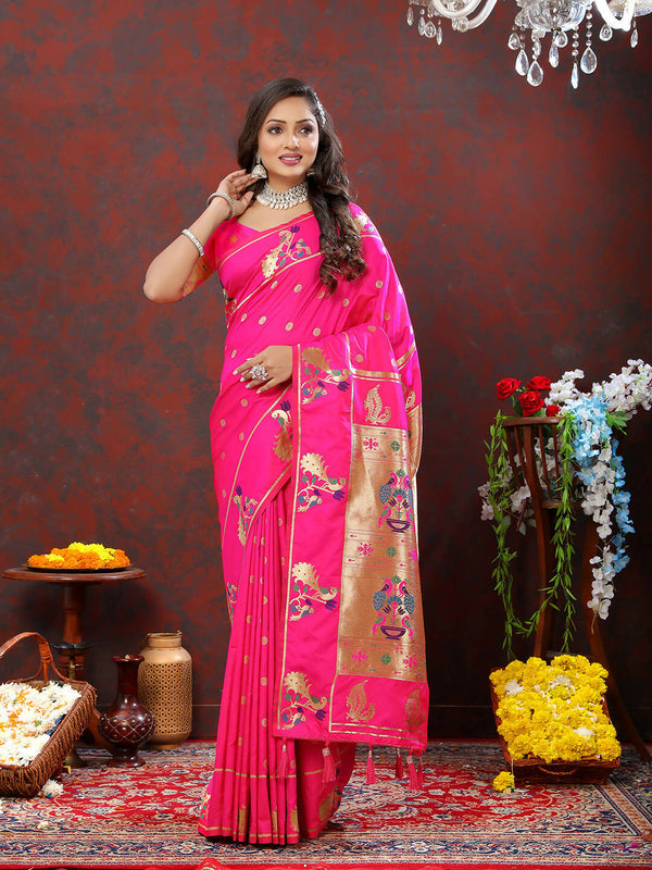 Lorenvalley Fashion Magenta Soft Paithani Silk Woven Design Gold Zari Meenakari Weaving Saree - Distacart
