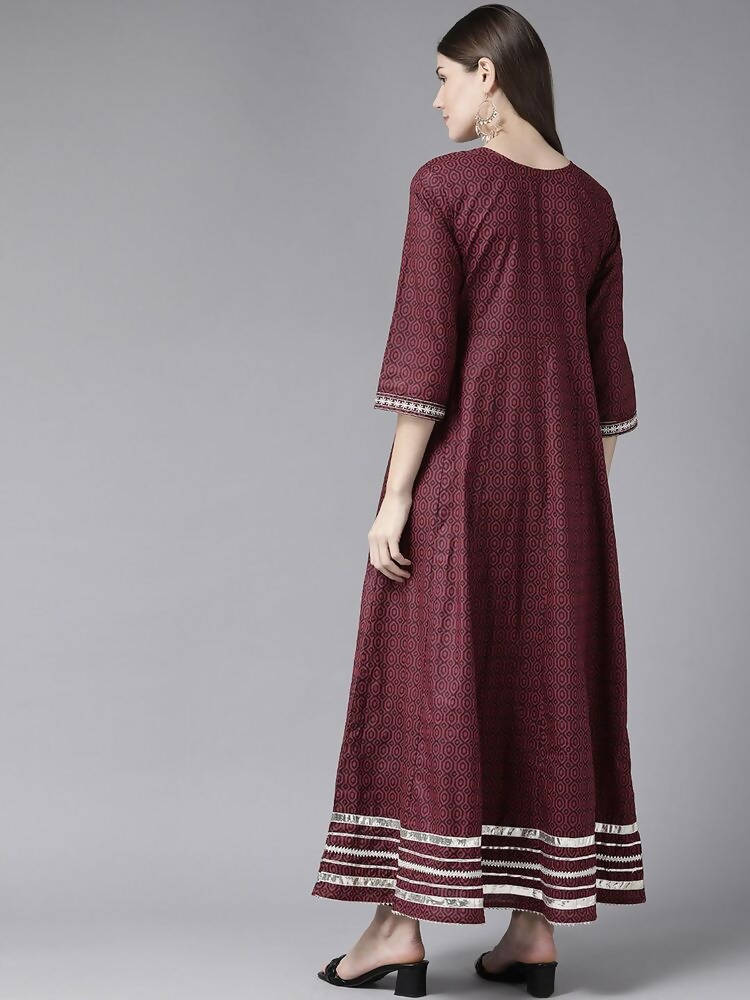 Yufta Women Maroon Geometric Printed Bell Sleeves Mirror Work Cotton Kurta