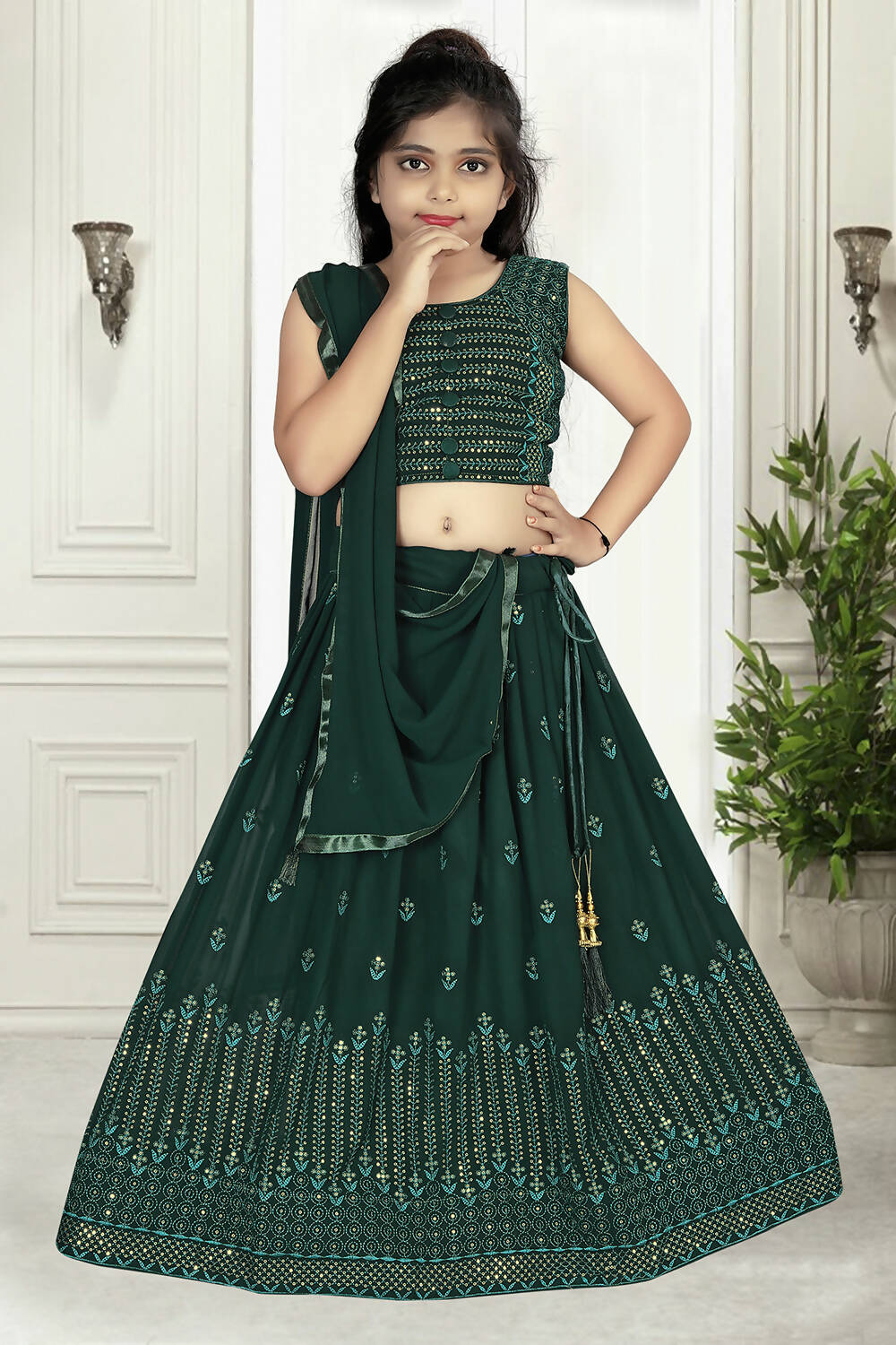 Wedding Designer Green Pure Georgette Kidswear Lehenga - Aaradhna - Distacart