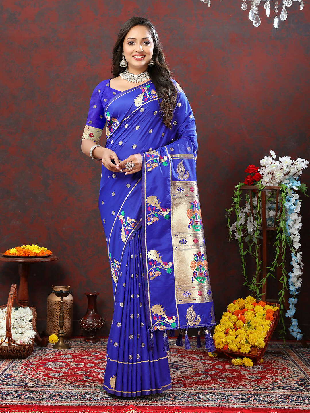Lorenvalley Fashion Blue Soft Paithani Silk Woven Design Gold Zari Meenakari Weaving Saree - Distacart