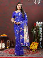 Thumbnail for Lorenvalley Fashion Blue Soft Paithani Silk Woven Design Gold Zari Meenakari Weaving Saree - Distacart