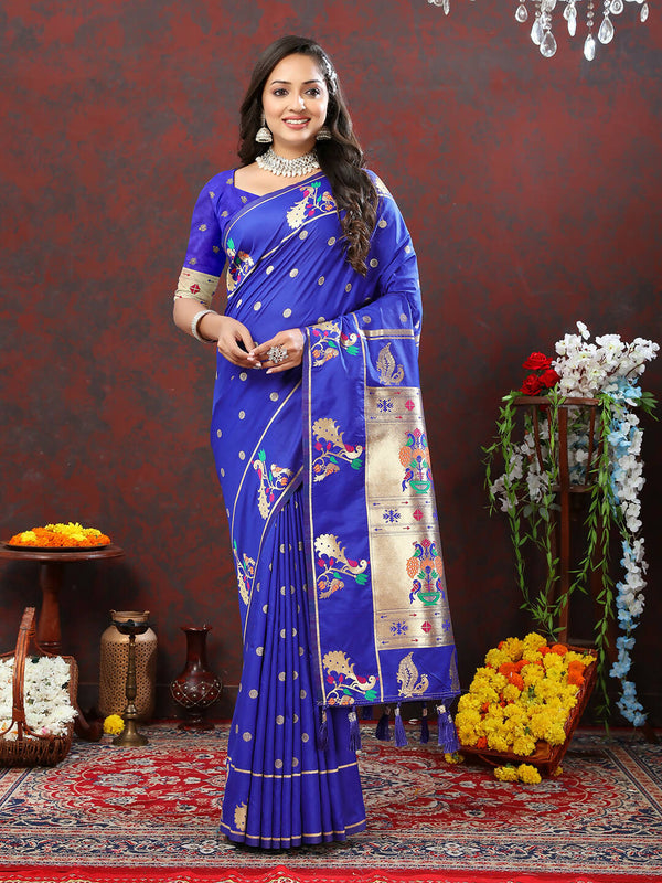 Lorenvalley Fashion Blue Soft Paithani Silk Woven Design Gold Zari Meenakari Weaving Saree - Distacart