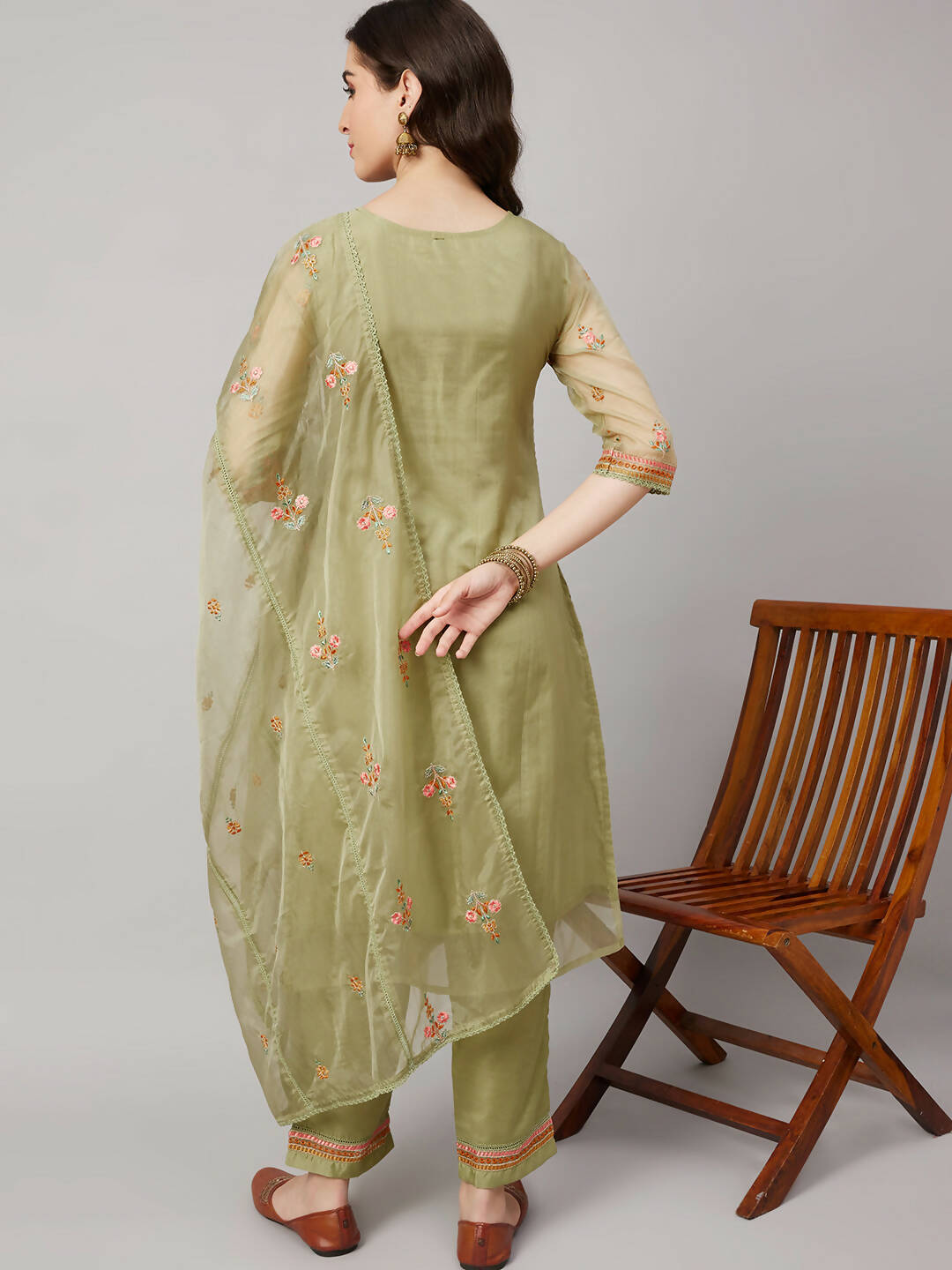 Green Organza Embroidered Kurta with Bottom & Dupatta - Salimar - Distacart
