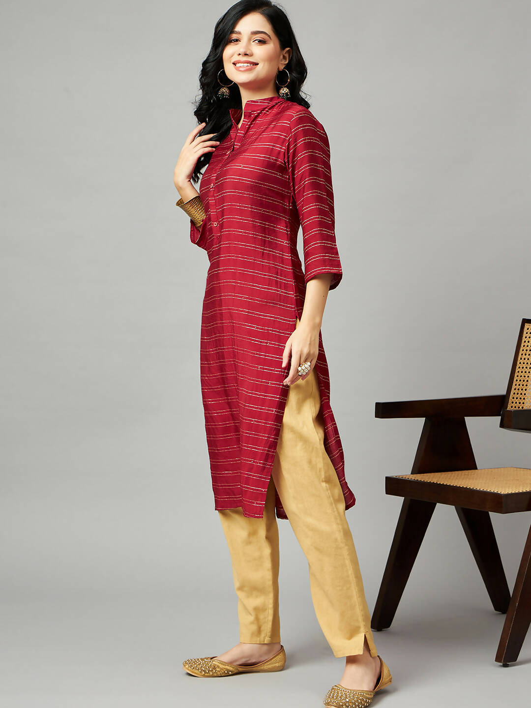 Red Poly Cotton Texture Straight Kurta - Sabella - Distacart