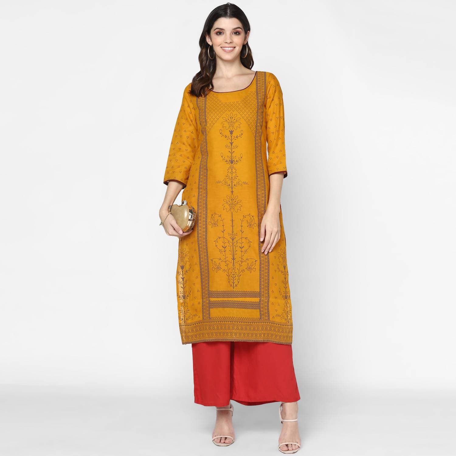 Cheera Hand Block Print Mustard & Red Straight Kurta With Palazzo (MAAI-071K)