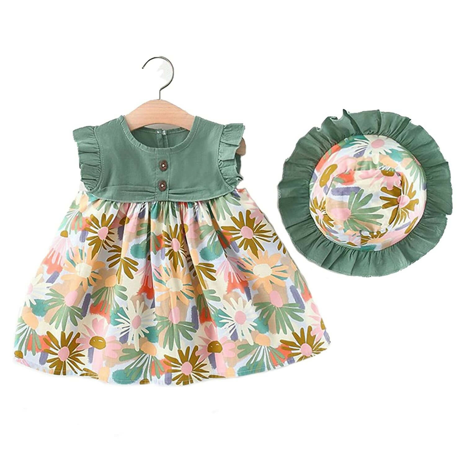 Bold N Elegant Cotton Floral Printed Ruffle Sleeve Princess Dress Frock With Fabric Hat Cap - Green - Distacart
