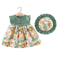 Thumbnail for Bold N Elegant Cotton Floral Printed Ruffle Sleeve Princess Dress Frock With Fabric Hat Cap - Green - Distacart