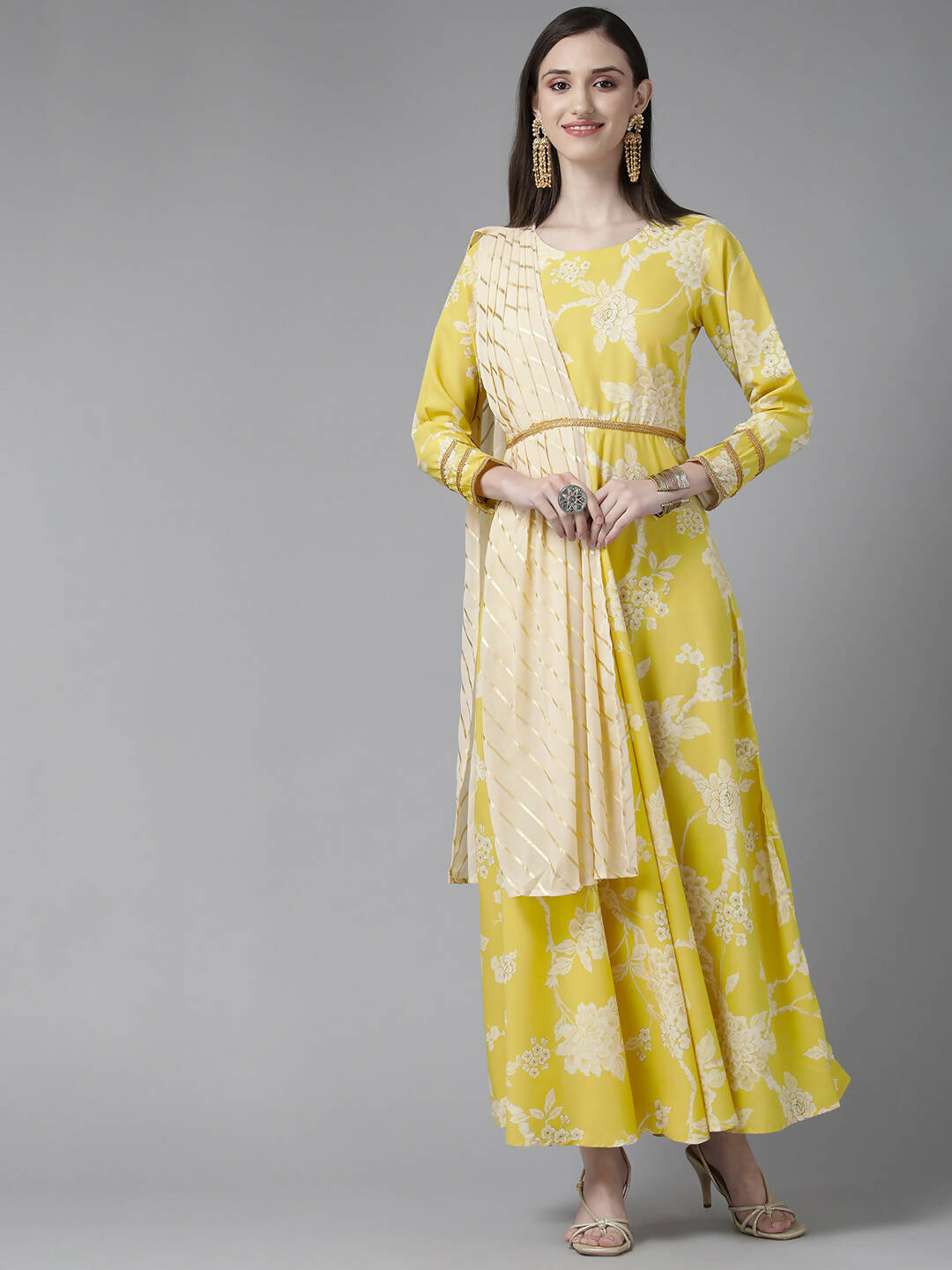 Ahalyaa Womens Lemmon Yellow Crepe Digital Printed Drapped Dress - Distacart