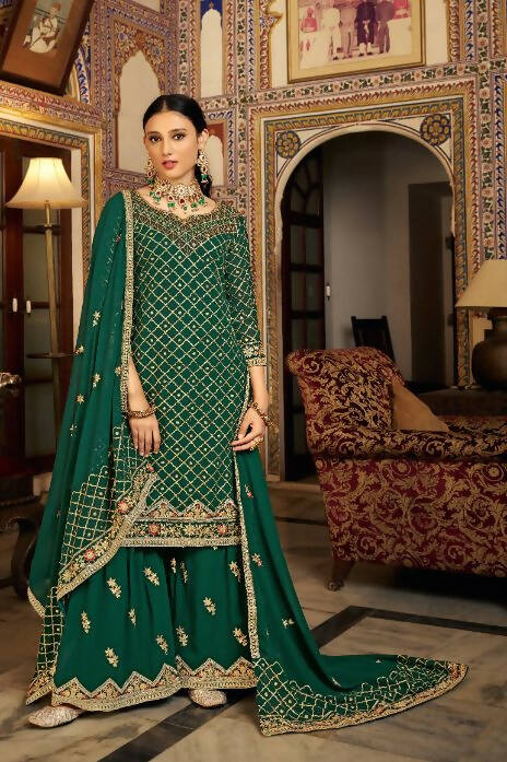 Green Heavy Chinon Semi Stitched Kurta with Bottom & Dupatta - Dhvani - Distacart