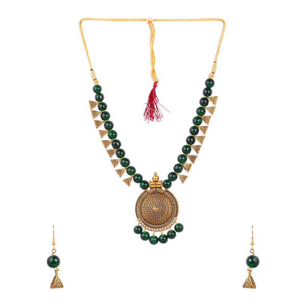 Tehzeeb Creations Golden Plated Necklace And Earrings With Green Pearls