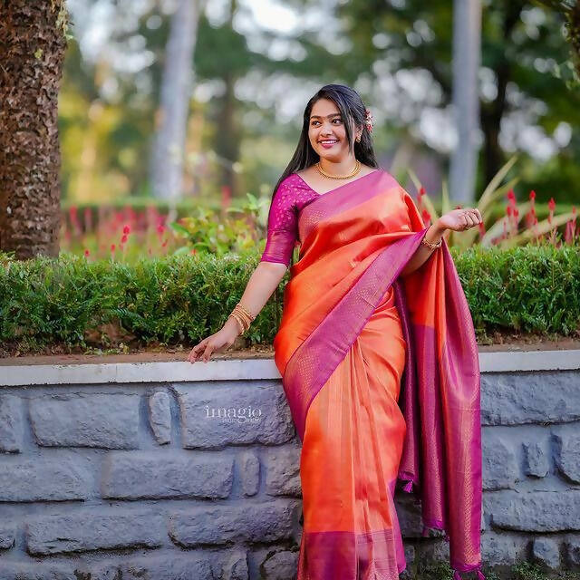 DEIANA'S Beautiful Golden Jari with New Design Soft Lichi Silk Saree - Orange - Distacart