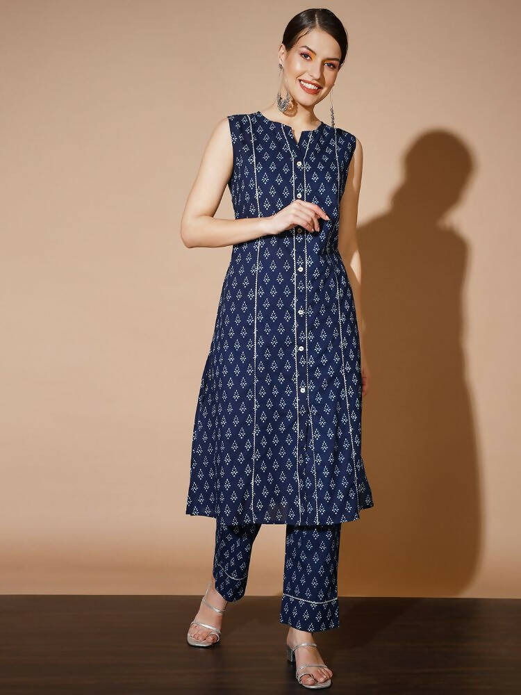Myshka Women Blue Printed Kurta & Trousers - Distacart
