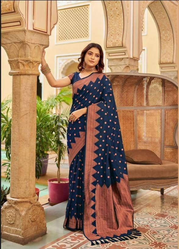 DEIANA'S Beautiful Golden Jari with New Design Soft Lichi Silk Saree - Navy Blue - Distacart