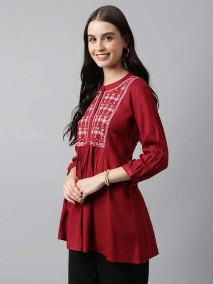Red Rayon Yoke Embroidered A-line Top - Tarini - Distacart