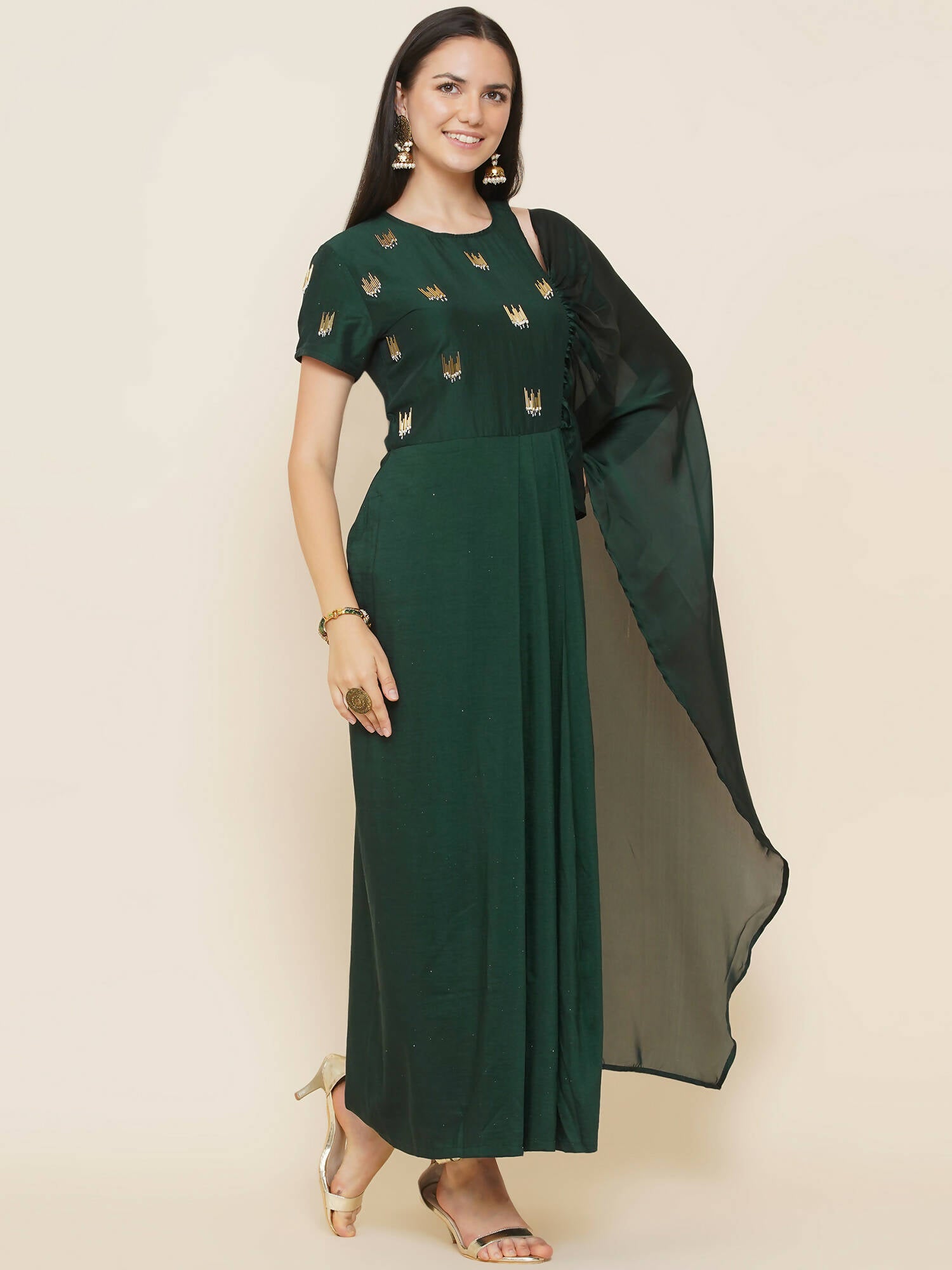 Women Republic Green Hand Embellished Gown - Distacart