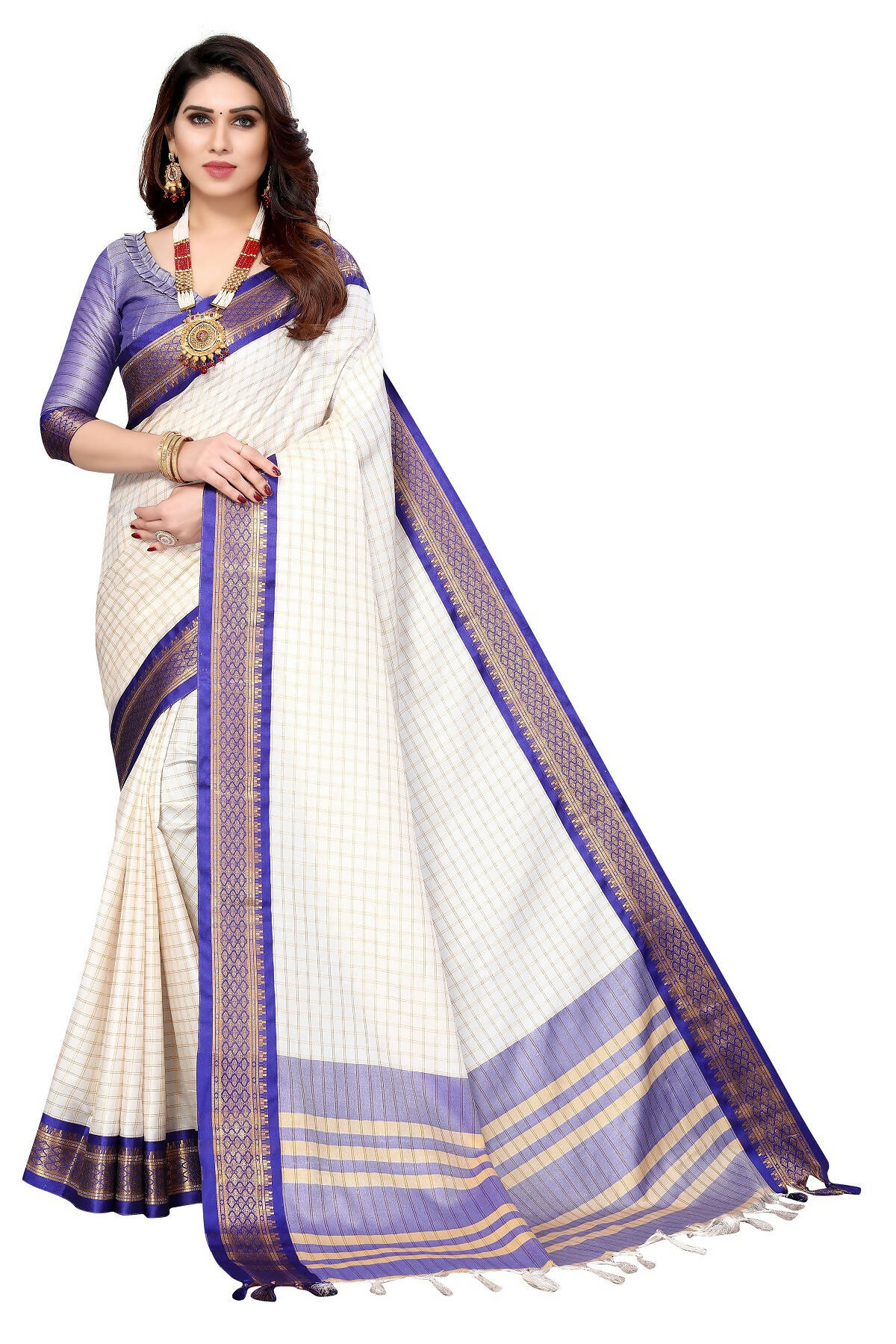 Vamika Weaving White Cotton Silk Saree (DEVAL PURPLE) - Distacart