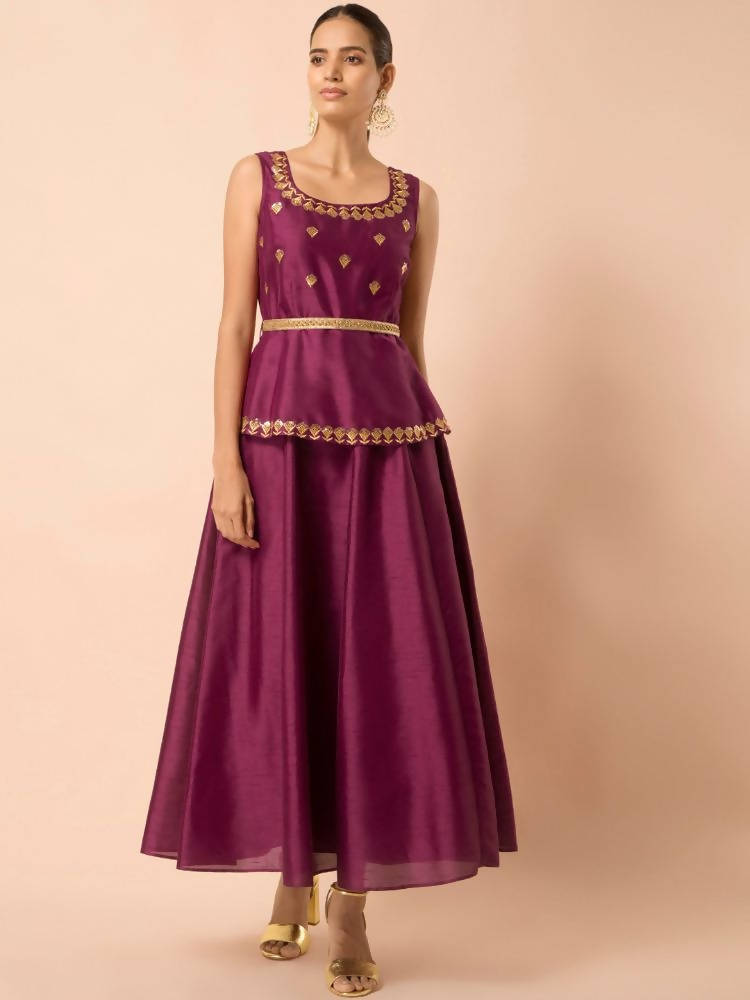 Indya Women Wine-Colored Embroidered Belted Peplum Layered Kurta - Distacart