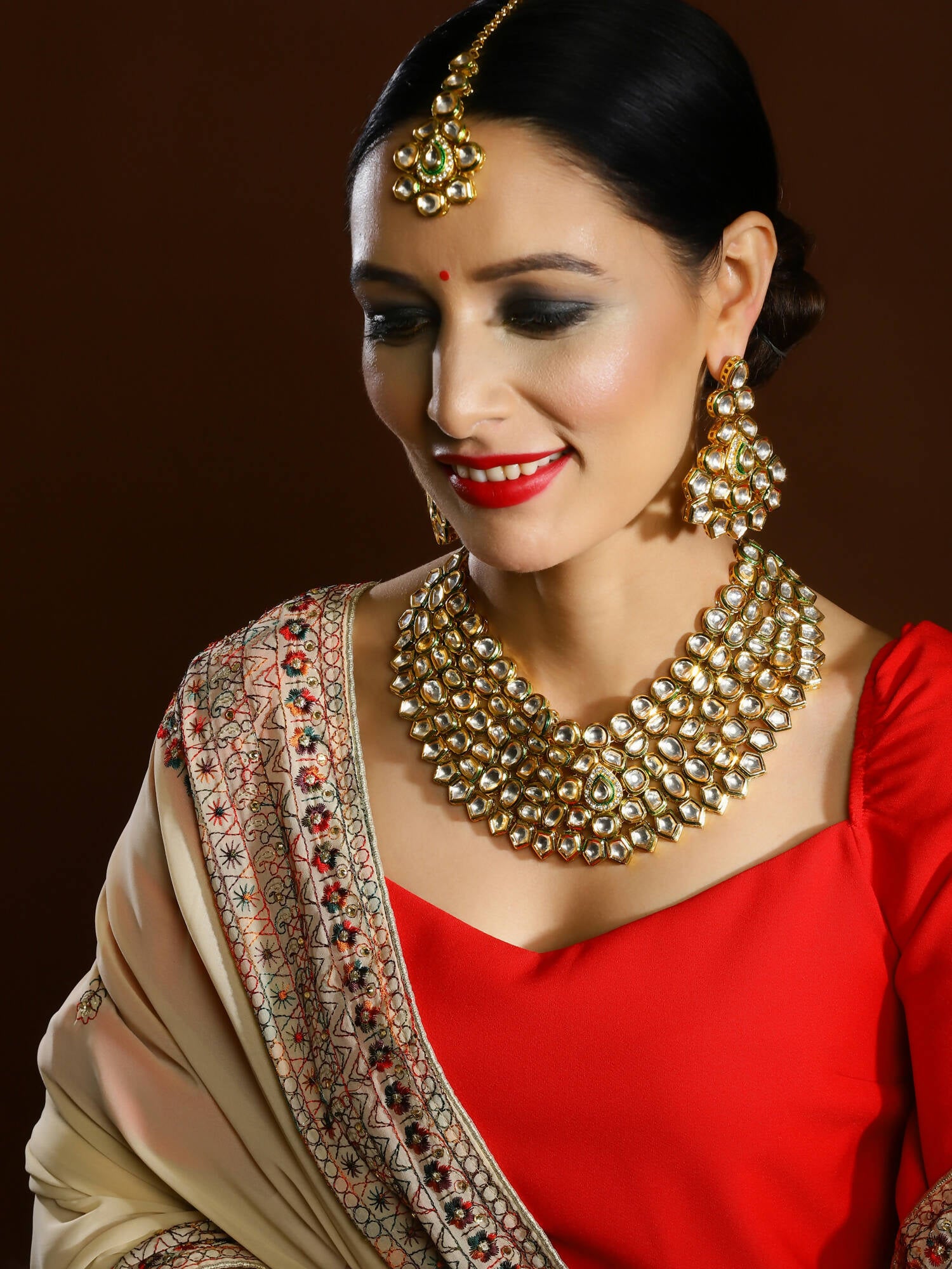 Gold Plated Maharani Kundan Neckpiece With Earrings And Maang Tikka - Ruby Raang - Distacart