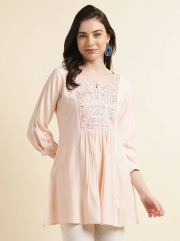 Peach Viscose Rayon Yoke Embroidered A-line Top - Tarini - Distacart