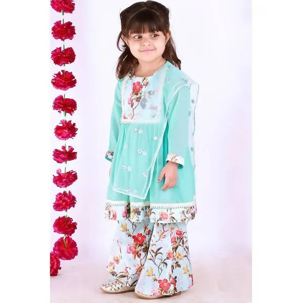 Little Bansi Blue Color Floral print Kurta Frock with Floral Plazzo and Dupatta