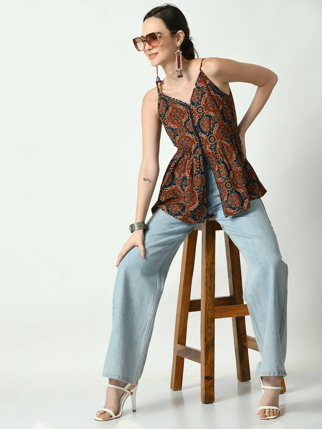 Myshka Women's Rust Printed Sweetheart Neck Top - Distacart