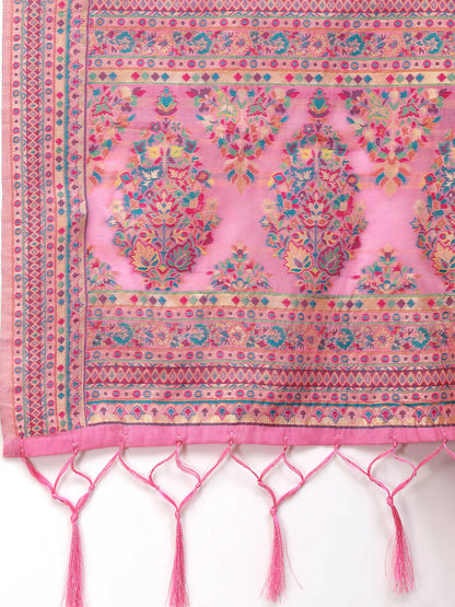 Pink Silk Blend Woven Design Saree With Unstitched Blouse Piece - Aloki - Distacart