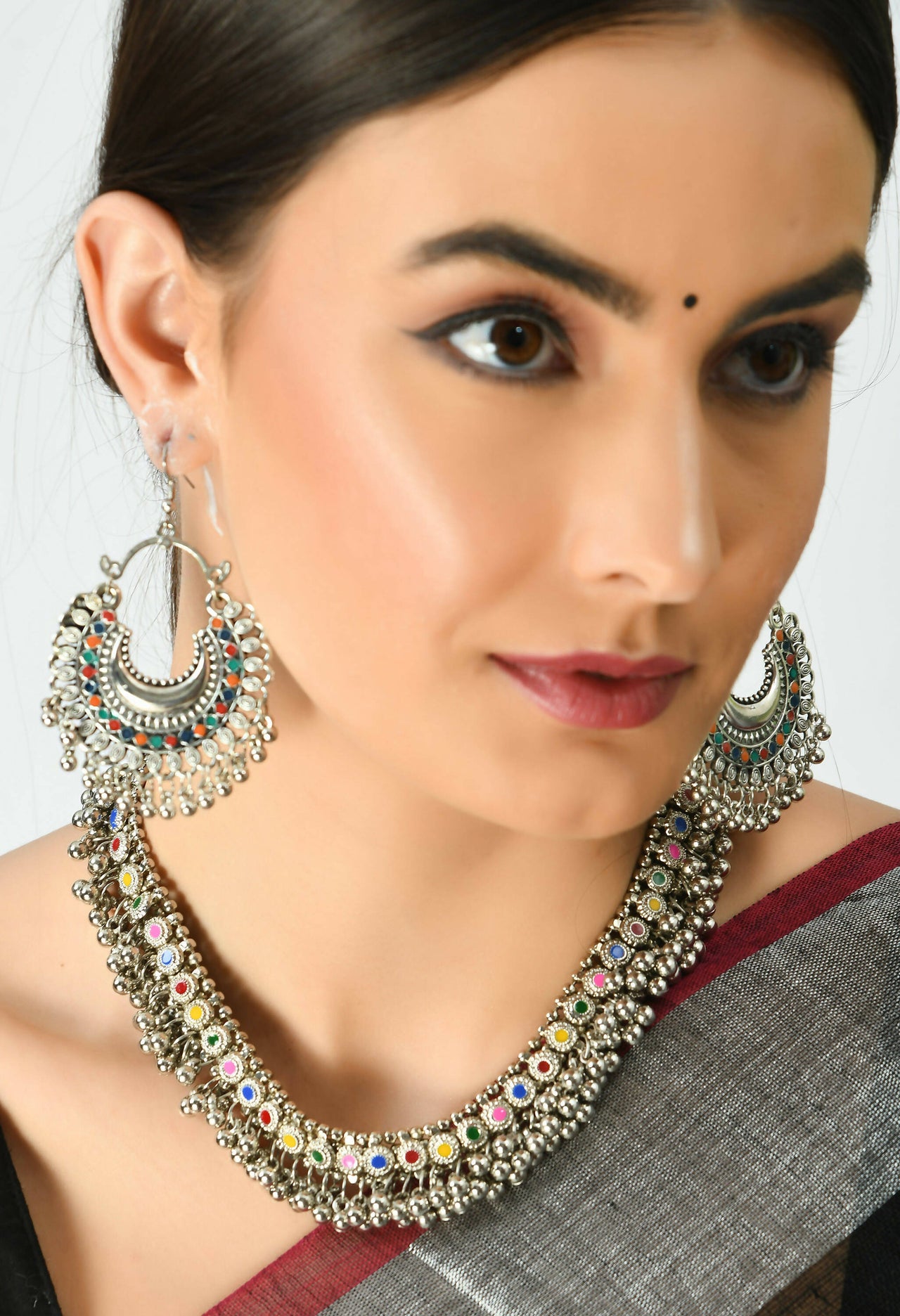 Mominos Fashion Johar Kamal Oxidised Silver-Plated Meena Work Choker Set - Distacart