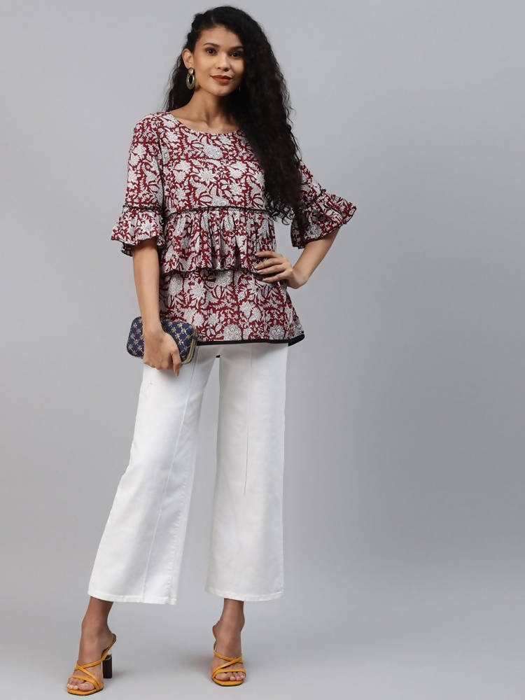 Yufta Women Red & White Bell Sleeve Layered Handblock Ethnic Motifs Print Regular Top