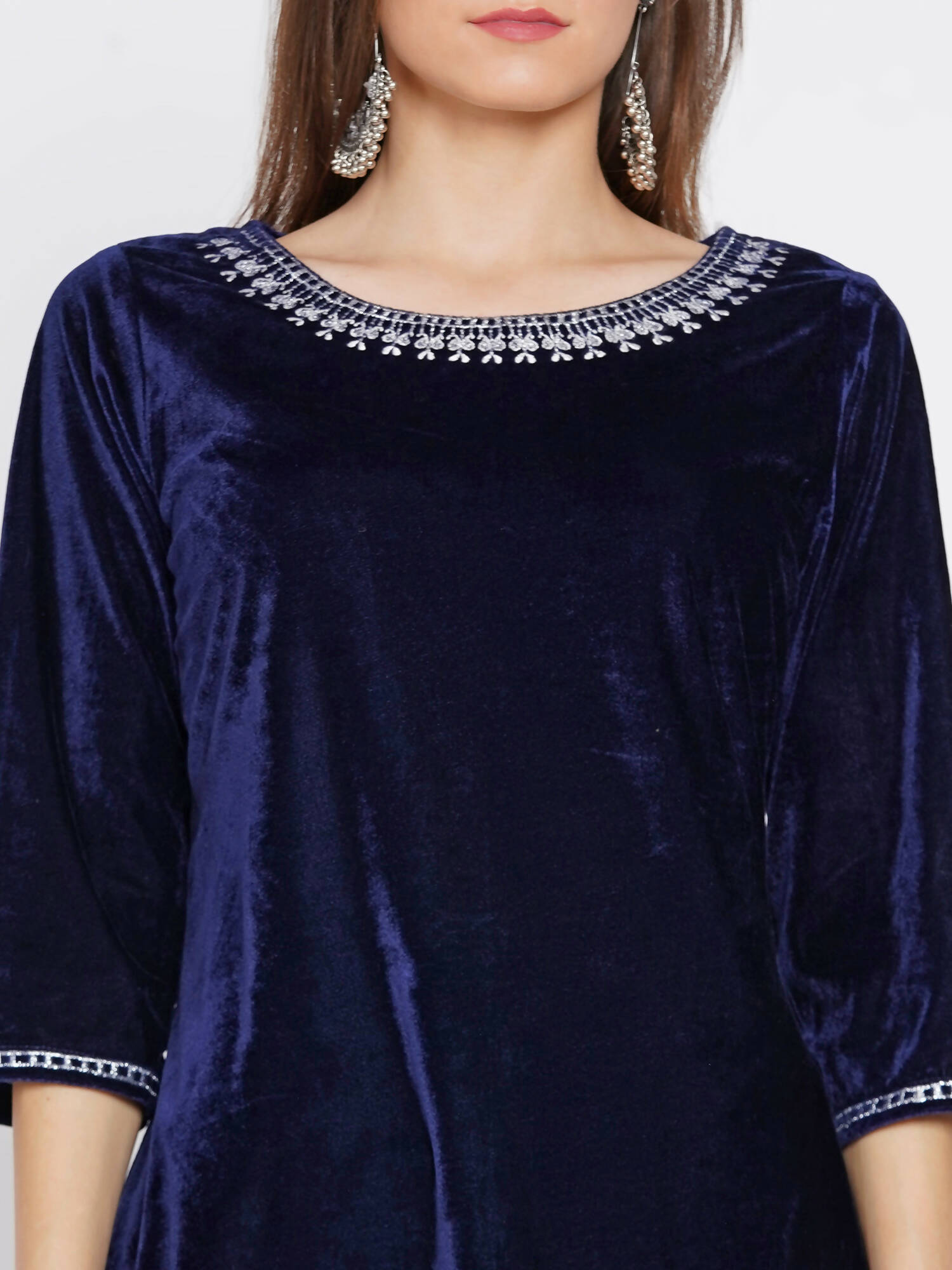 Women Republic Navy Blue Velvet Embroidered Kurta With Bellbottom Pants - Distacart