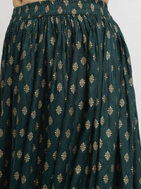 Thumbnail for Rudra Bazaar Green Gold Printed Straight Kurta with Gold Printed Skirt & Dupatta - Distacart